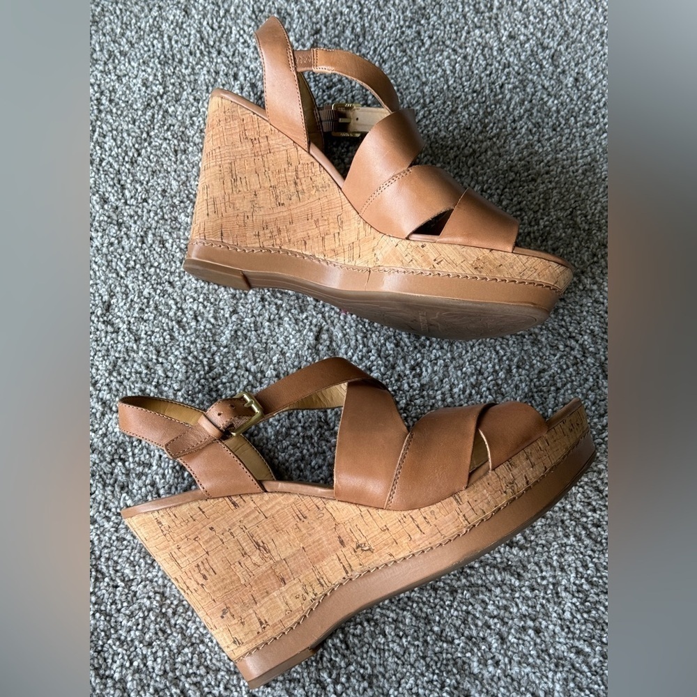 Franco Sarto cork wedge sandal size 11. Cognac, leather upper. - Picture 3 of 9